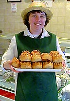 Jan with her pies at our delicatessen in Ledbury Herefordshire specialising in traditional british fare, home cooked rare breed meats, pates, pies and Herefordshire cheeses